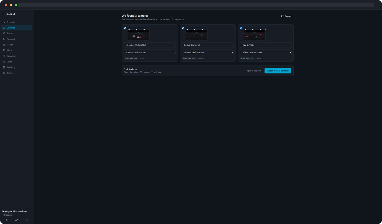 The discovered-cameras picker: a grid of thumbnails from cameras the agent found on the network, each with its name and a checkbox to bring it into service.