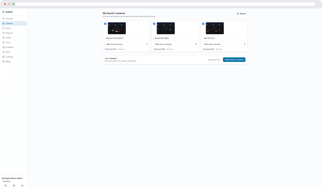The discovered-cameras picker: a grid of thumbnails from cameras the agent found on the network, each with its name and a checkbox to bring it into service.