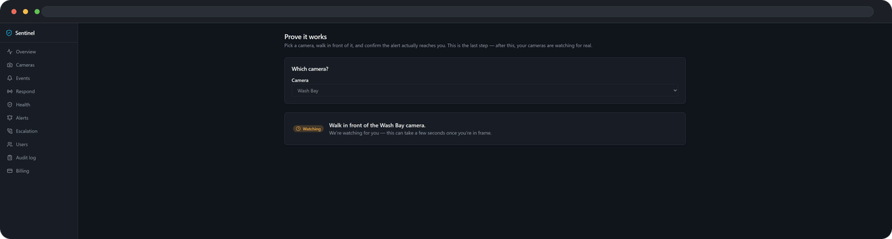 The first-alert page, armed and waiting for a detection from the newly chosen camera.