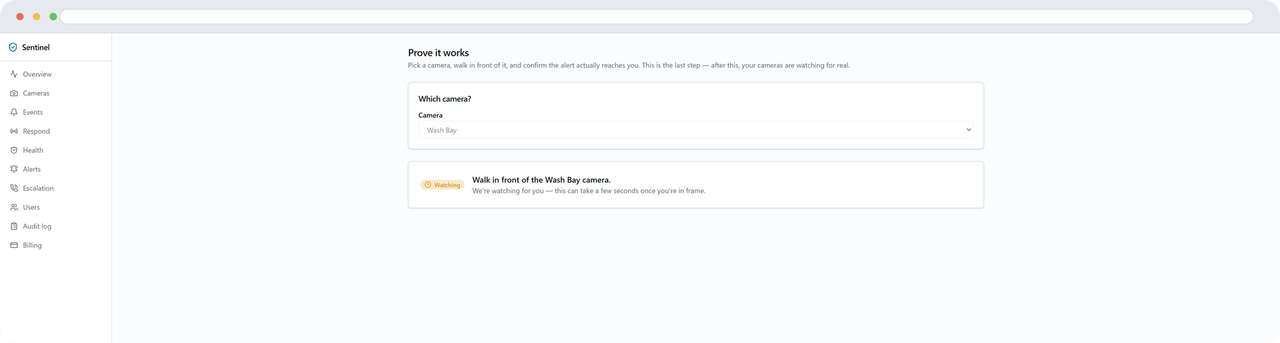 The first-alert page, armed and waiting for a detection from the newly chosen camera.