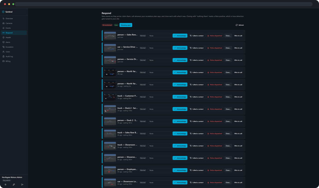 The Respond console: a queue of events with claim and escalation controls, worked by the customer's own staff.
