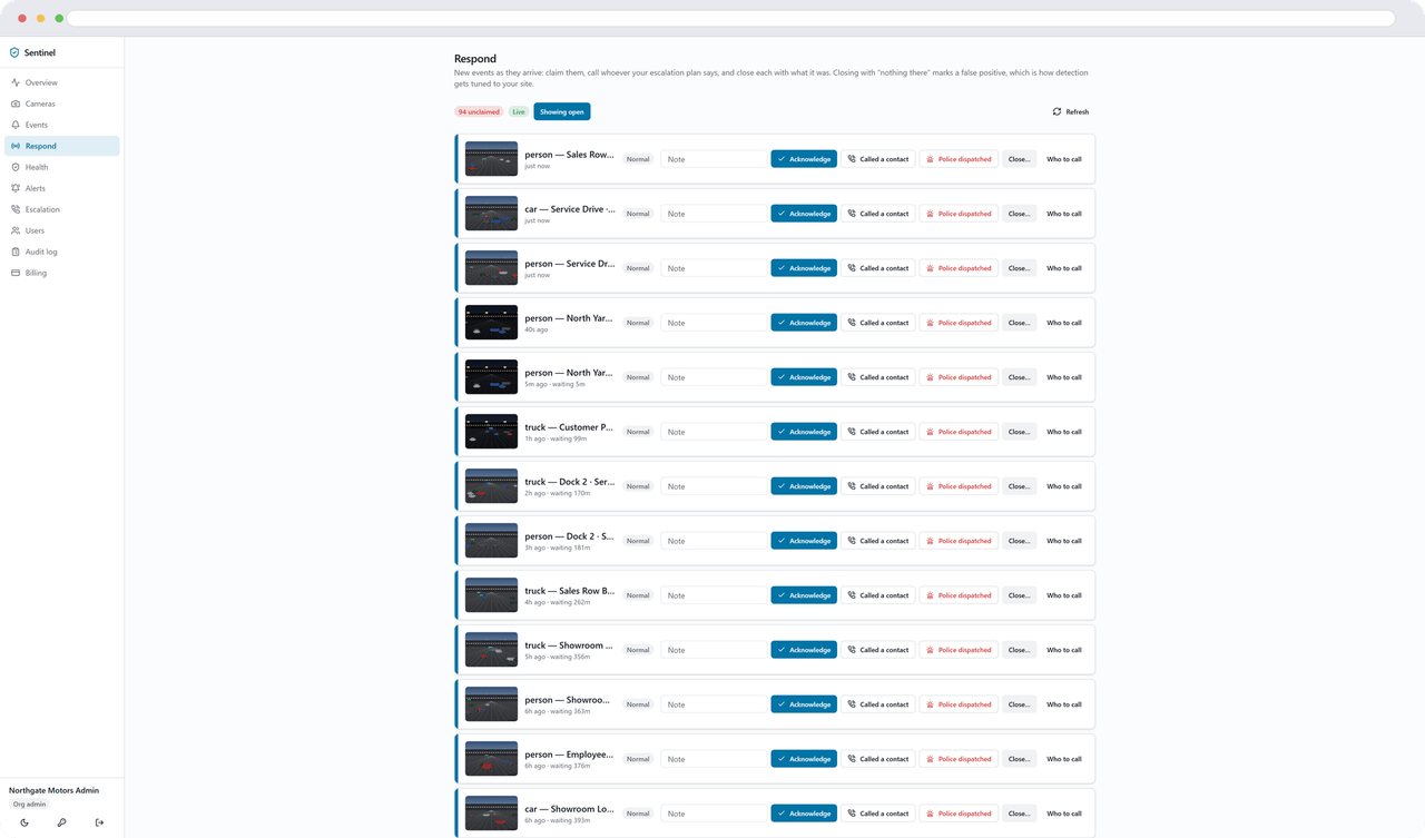 The Respond console: a queue of events with claim and escalation controls, worked by the customer's own staff.